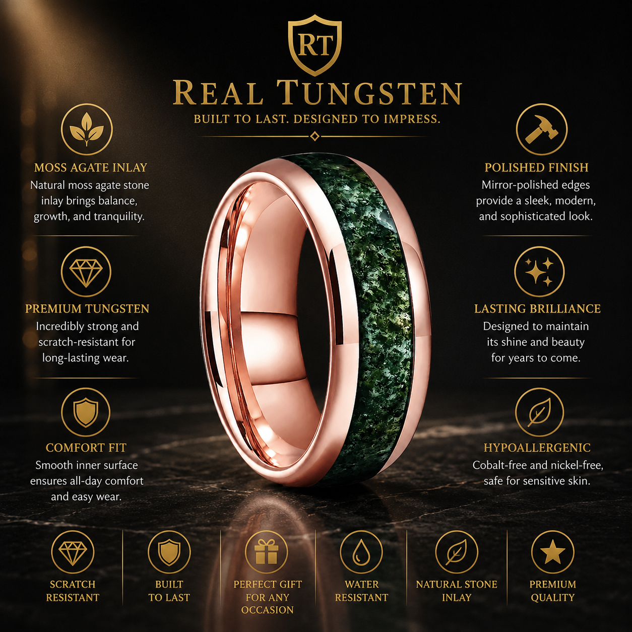 Tungsten Moss Agate Ring 