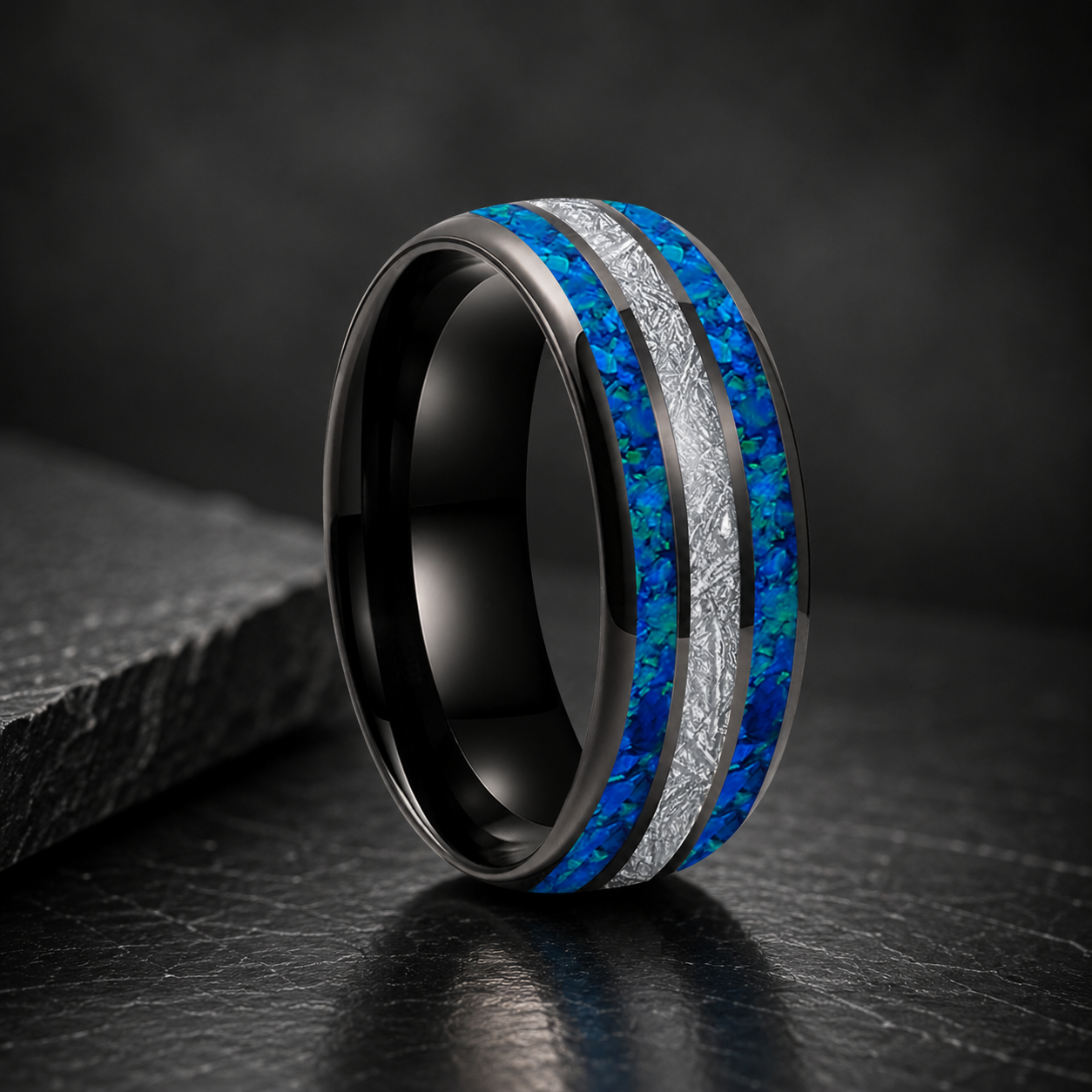 Tungsten Opal Ring with Meteorite