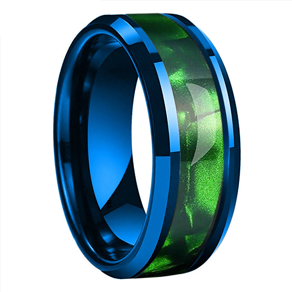 Tungsten Ring with Green Olive Shell Texture Inlay