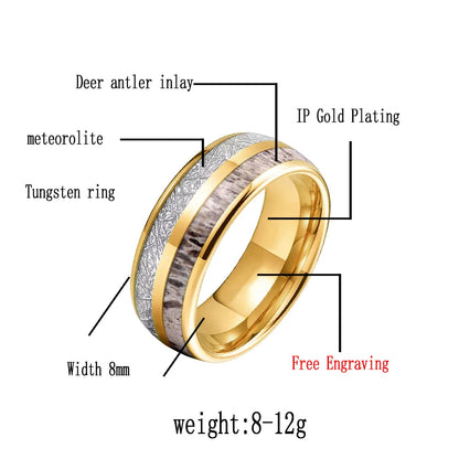 Tungsten Ring with Deer Antler & Meteorite Inlay