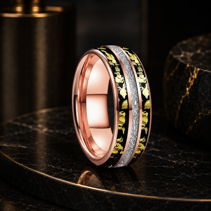Tungsten Ring with Meteorite Gold Foil Inlay