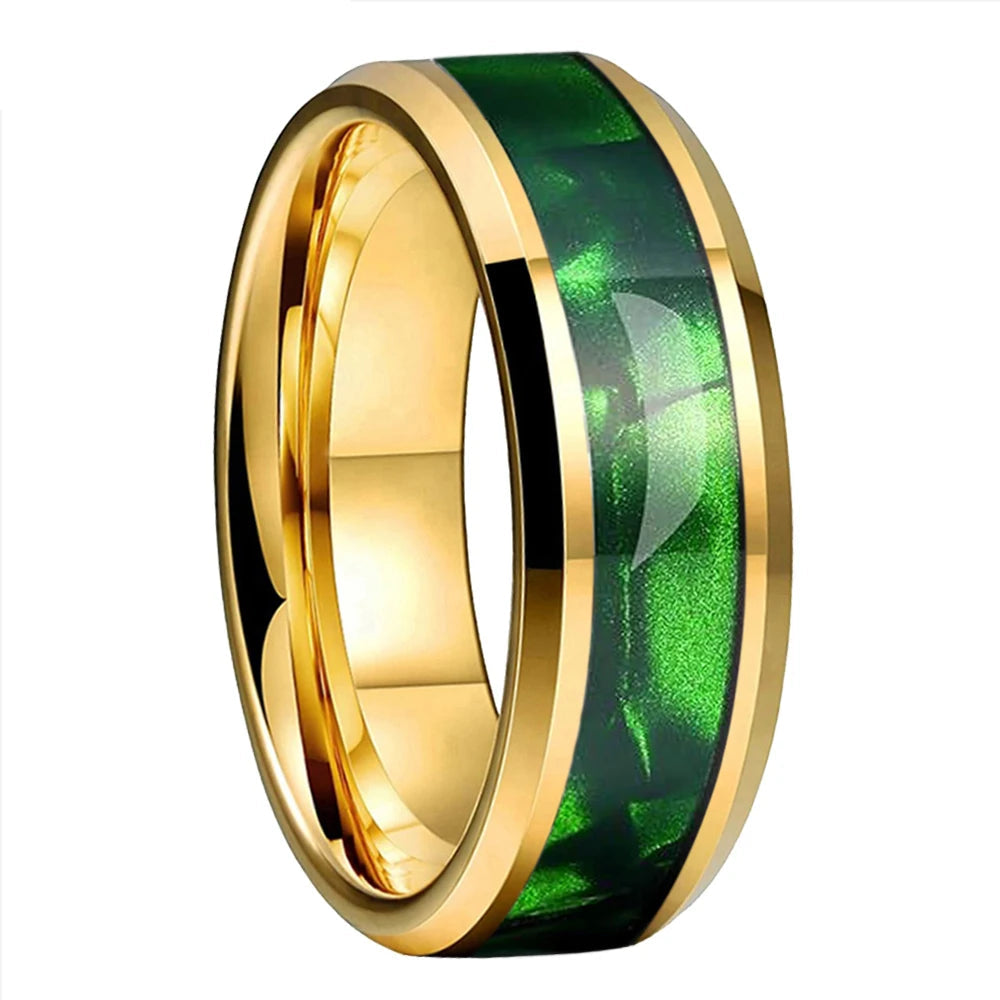 Tungsten Ring with Green Olive Shell Texture Inlay