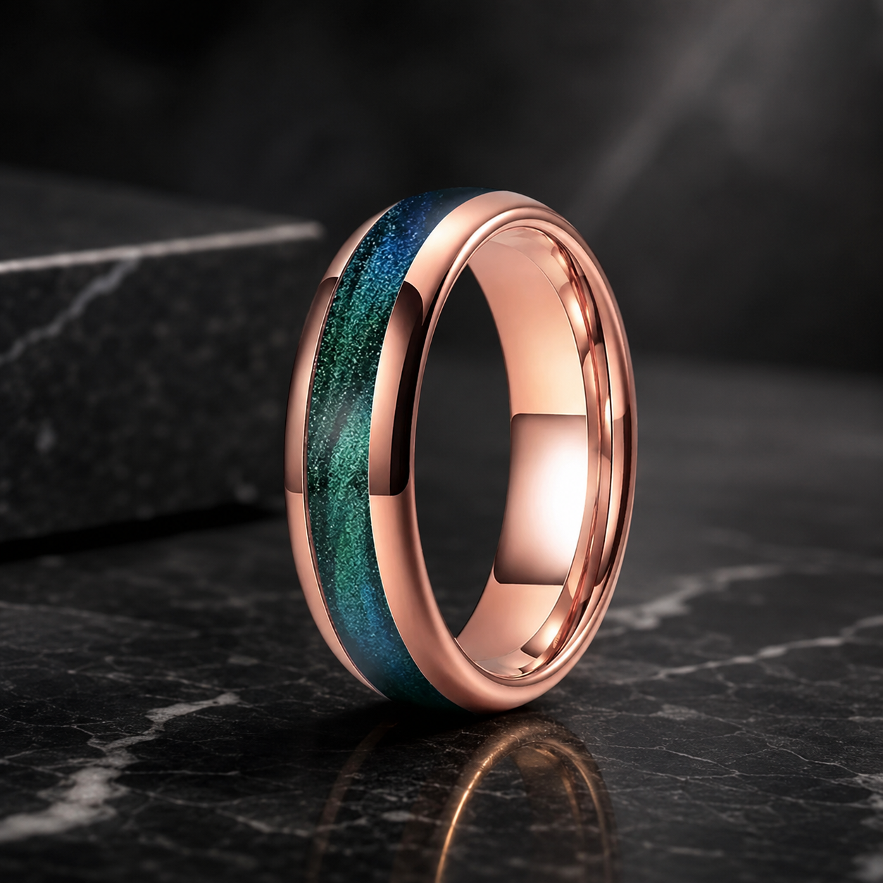 Tungsten Ring with Gunmetal Green Flow Sand Inlay