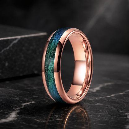 Tungsten Ring with Gunmetal Green Flow Sand Inlay