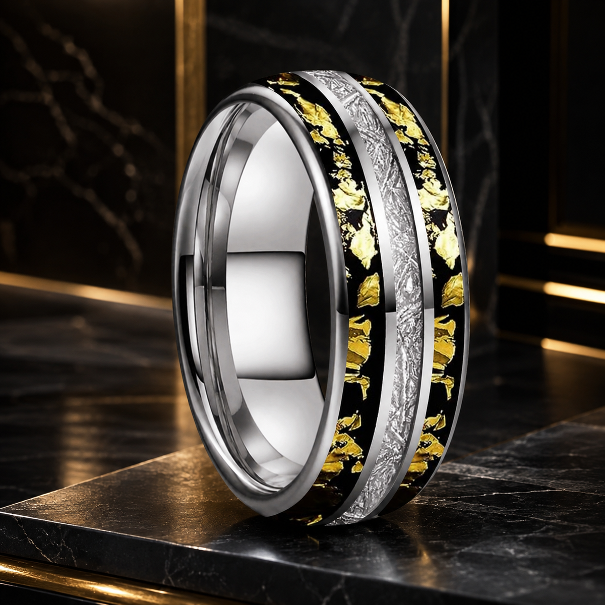 Tungsten Ring with Meteorite Gold Foil Inlay