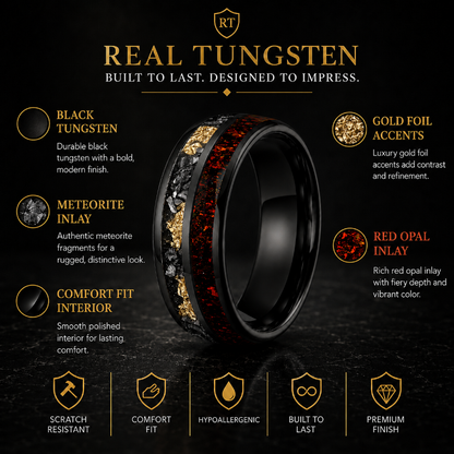 Tungsten Ring with Meteorite Gold Foil and Red Opal Inlay