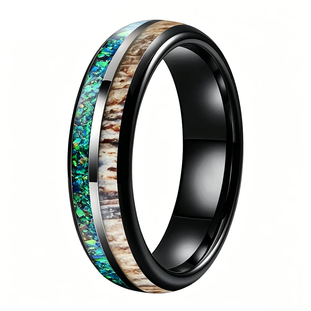 Tungsten Ring with Opal, Deer Antler and Redwood Inlay