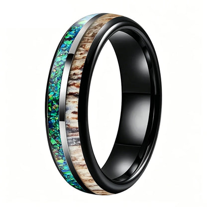 Tungsten Ring with Opal, Deer Antler and Redwood Inlay