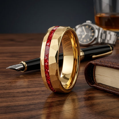 Tungsten Ring with Red Stone Inlay