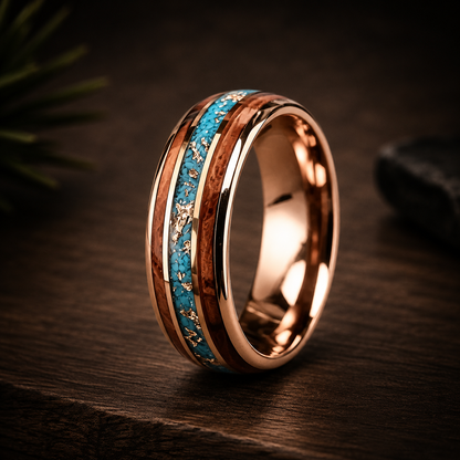 Tungsten Ring with Whiskey Barrel Wood & Turquoise Inlay