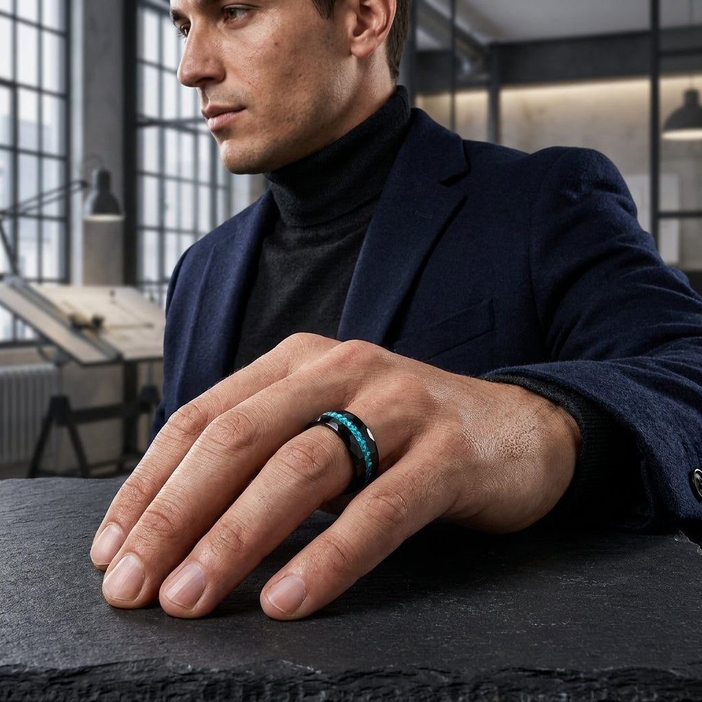 Tungsten Ring with Blue Glass Inlay (8mm)