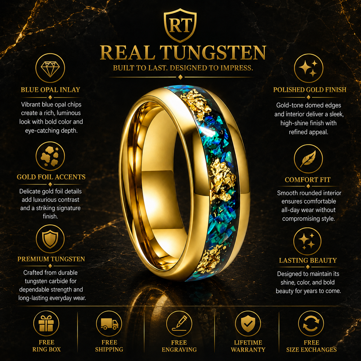 Tungsten Ring with Blue Opal and Gold Foil Inlay