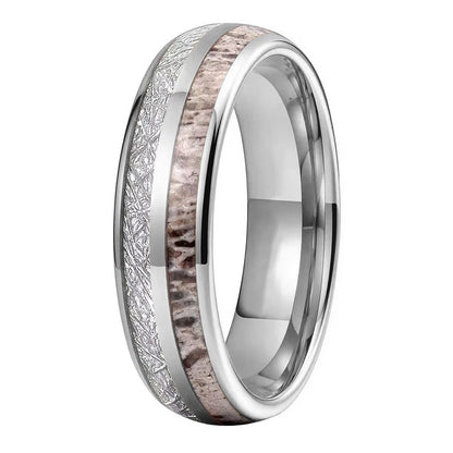 Tungsten Ring with Deer Antler & Meteorite Inlay