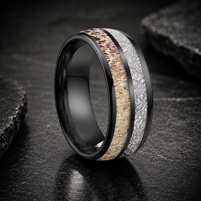 Tungsten Ring with Deer Antler & Meteorite Inlay