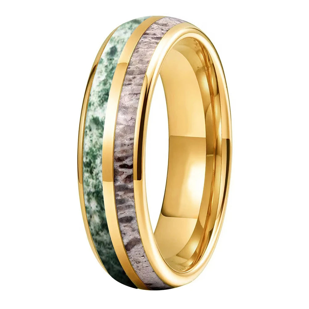 Tungsten Ring with Deer Antler & Moss Agate Inlay