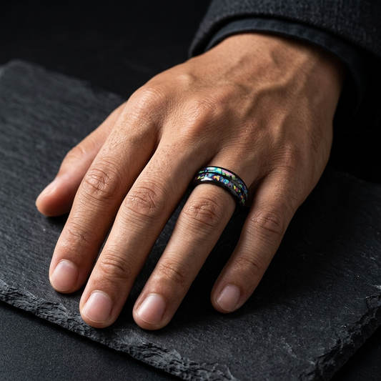 Tungsten Ring with Fire Opal and Abalone Shell Inlay