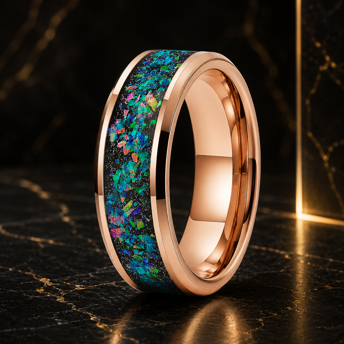 Tungsten Ring with Galaxy Iridescent Opal Inlay