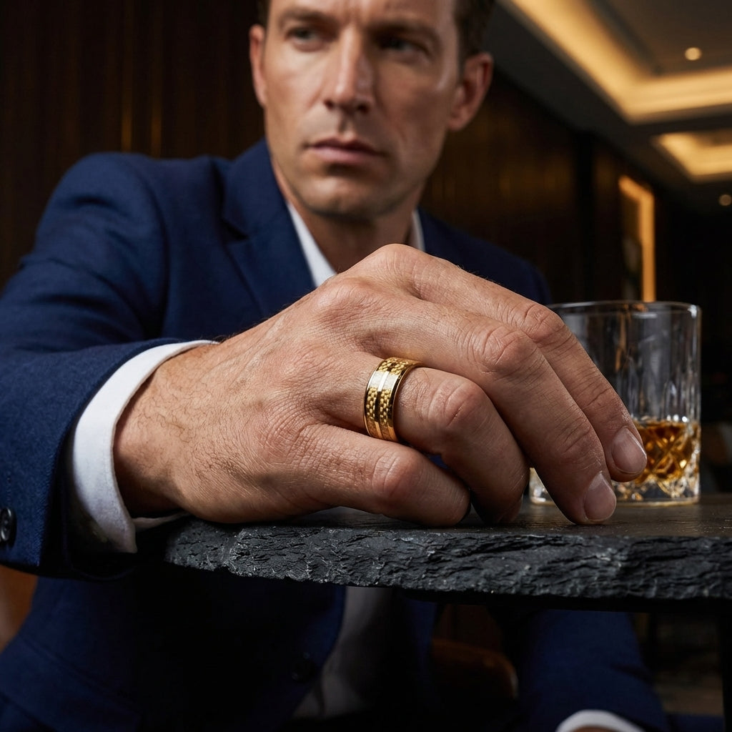 Tungsten Ring with Gold Carbon Fiber Inlay