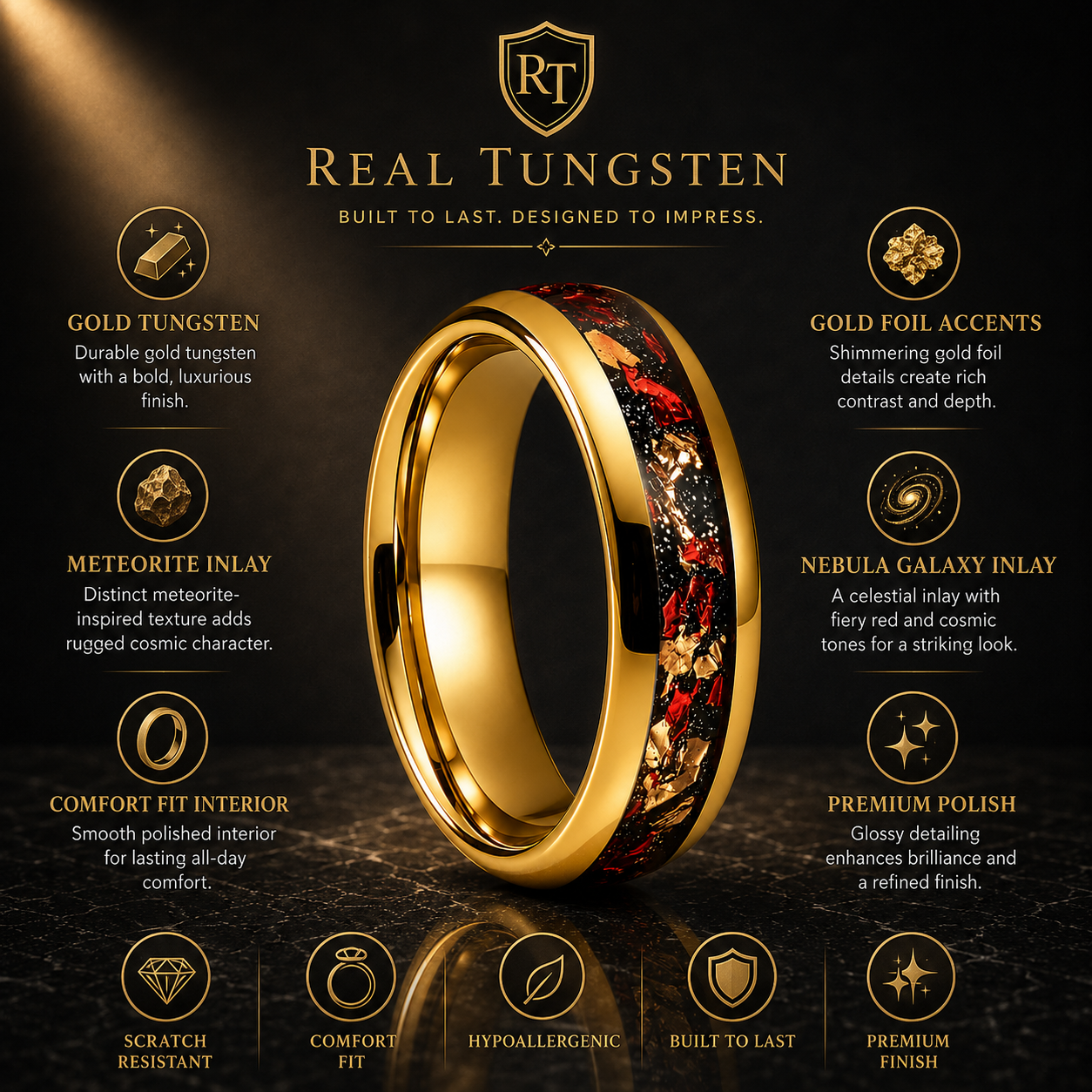 Tungsten Ring with Gold Foil and Meteorite Nebula Galaxy Inlay