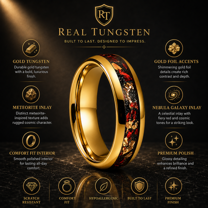 Tungsten Ring with Gold Foil and Meteorite Nebula Galaxy Inlay