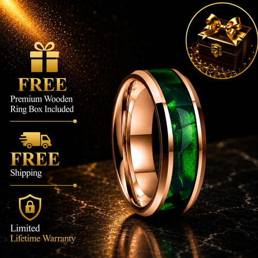 Tungsten Ring with Green Olive Shell Texture Inlay
