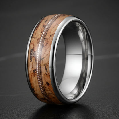 Tungsten Ring with Guitar String & Brown Wood Inlay