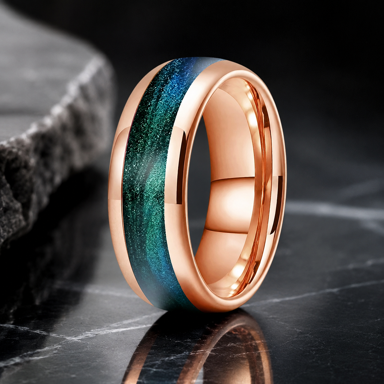 Tungsten Ring with Gunmetal Green Flow Sand Inlay