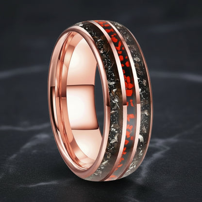 Tungsten Ring with Meteorite & Dinosaur Bone Inlay