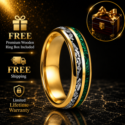 Tungsten Ring with Meteorite & Green Stone Inlay