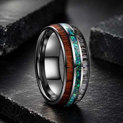 Tungsten Ring with Opal, Deer Antler and Redwood Inlay