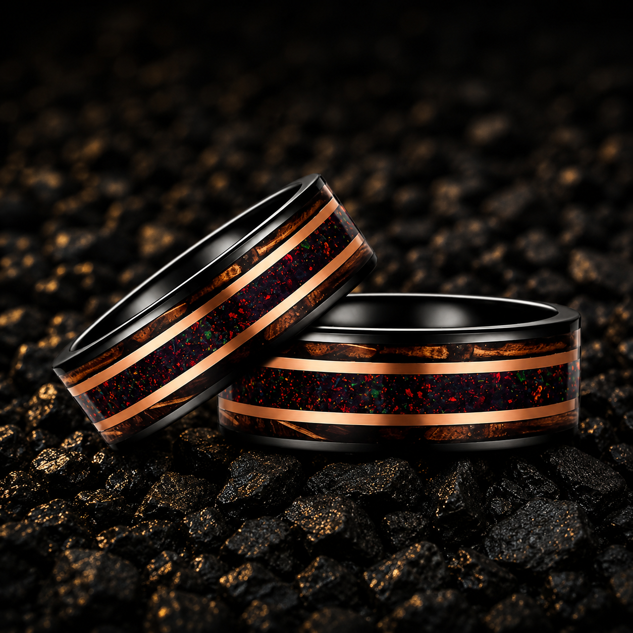 Tungsten Ring with Opal & Whiskey Barrel Wood Inlay