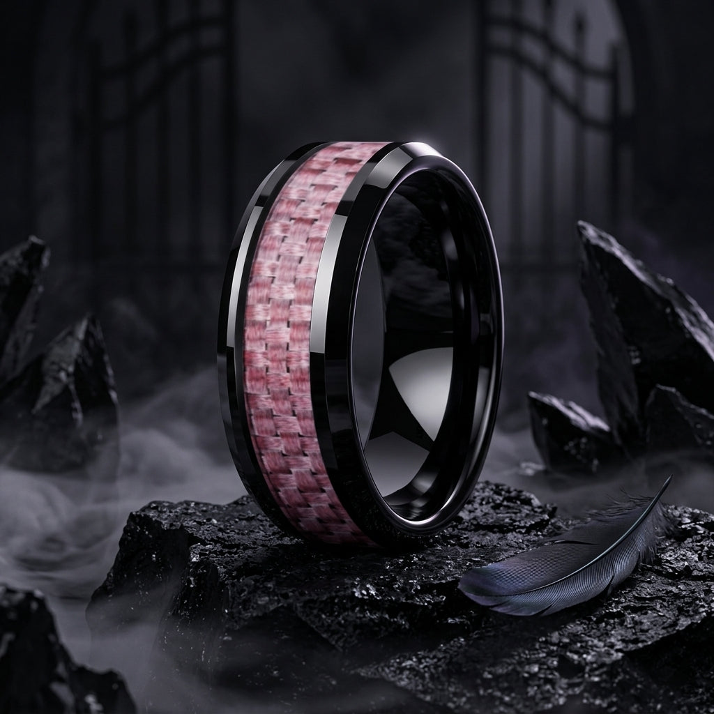 Tungsten Ring with Pink Carbon Fiber Inlay