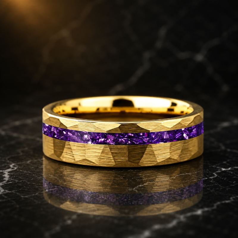 Tungsten Ring with Purple Glass Stone Inlay
