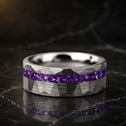 Tungsten Ring with Purple Glass Stone Inlay