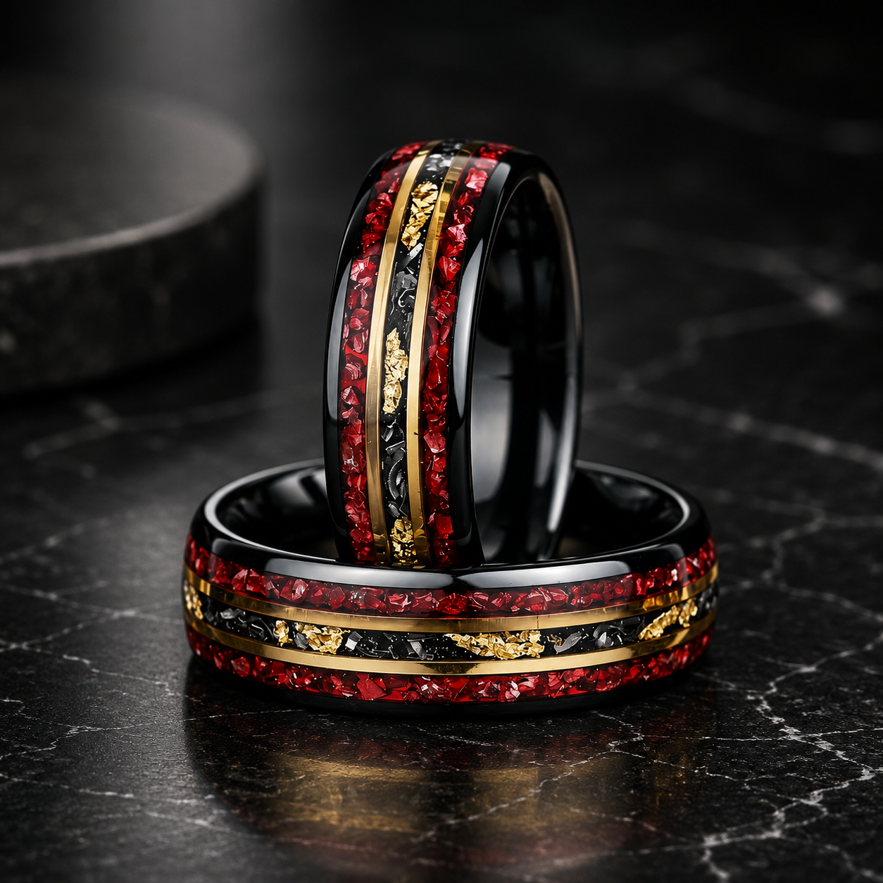 Tungsten Ring with Red Garnet & Meteorite Inlay