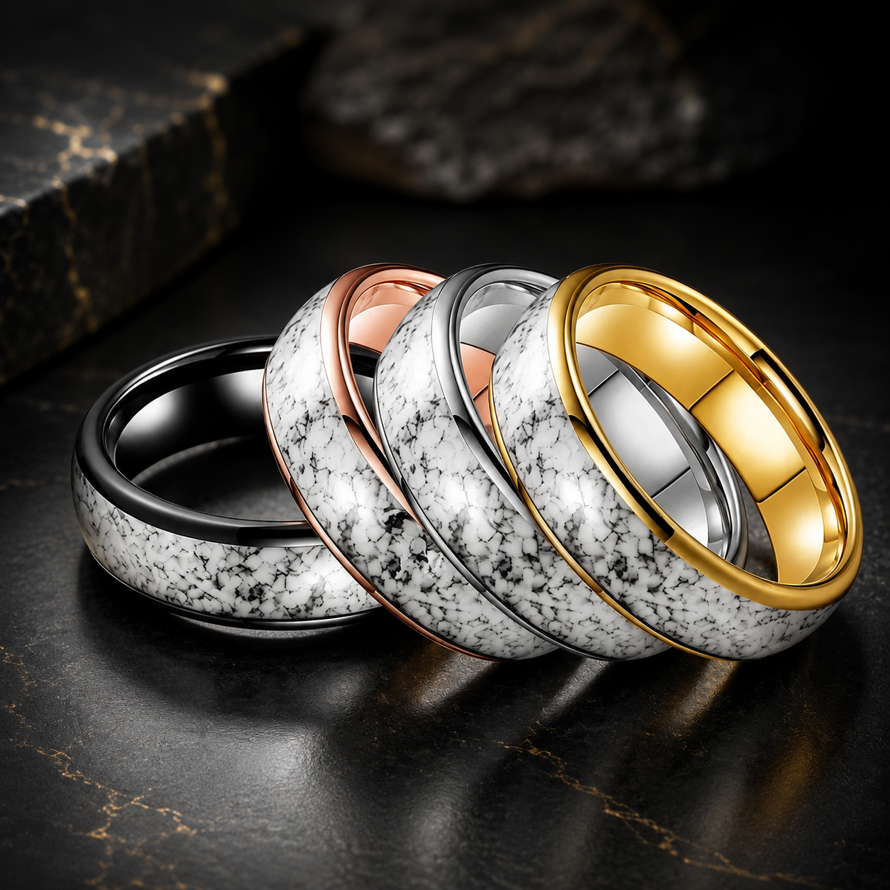 Tungsten Ring with White Turquoise Inlay