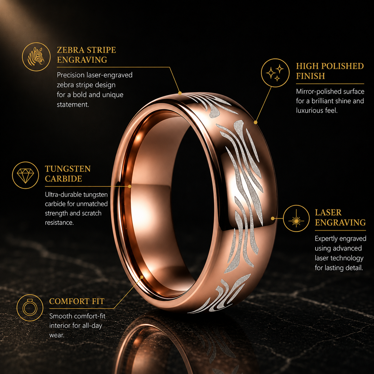 Tungsten Ring with Zebra Stripe Engraving