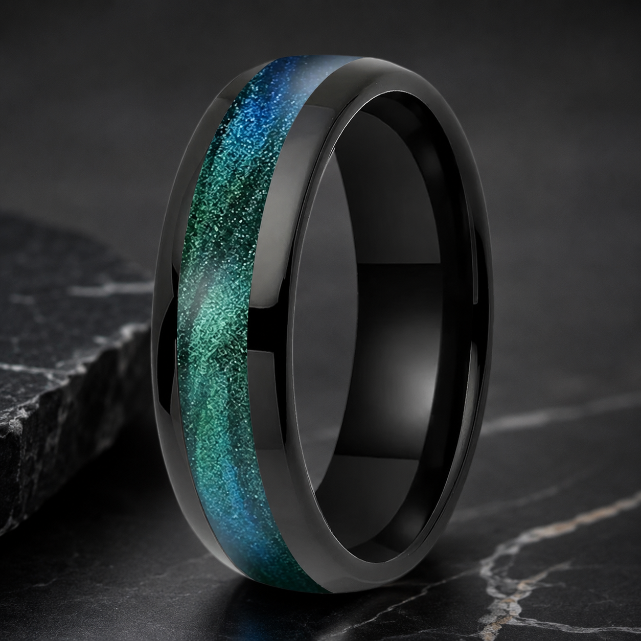 Tungsten Ring with Gunmetal Green Flow Sand Inlay