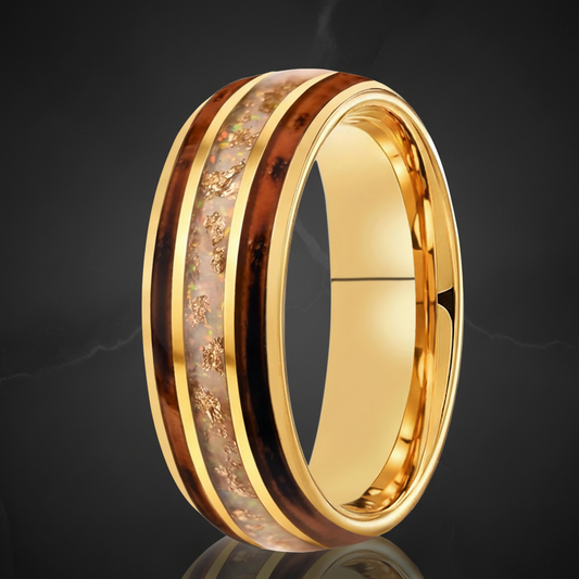 Tungsten Ring Charred Whiskey Barrel Wood White Opal Golden