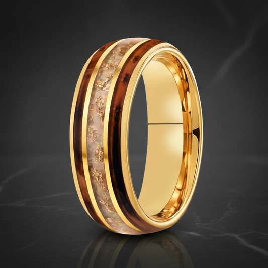Tungsten Ring Charred Whiskey Barrel Wood White Opal Golden