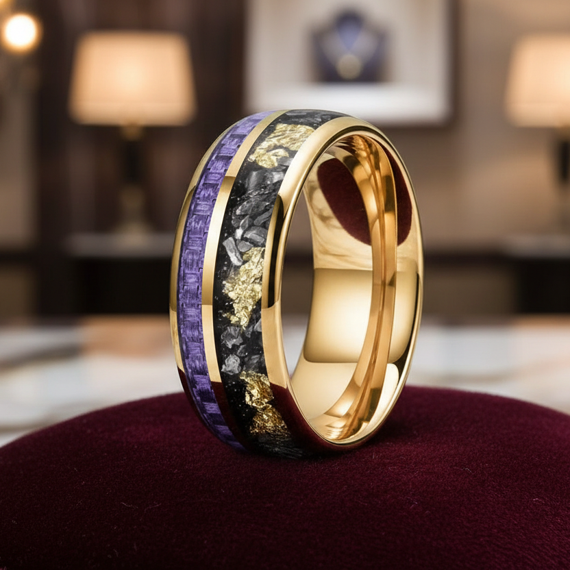 8mm Tungsten Ring – Purple Carbon Fiber, Meteorite & Gold Foil