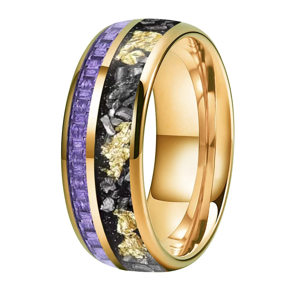 8mm Tungsten Ring – Purple Carbon Fiber, Meteorite & Gold Foil