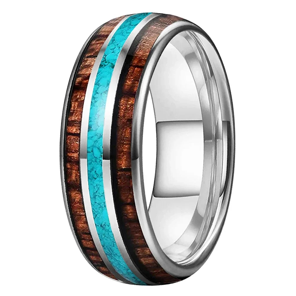Tungsten Ring – Turquoise & Koa Wood Inlay.