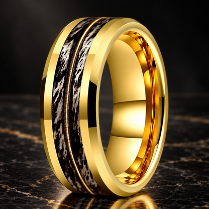 Tungsten Ring With Gray Oak Wood and Guitar String Inlay