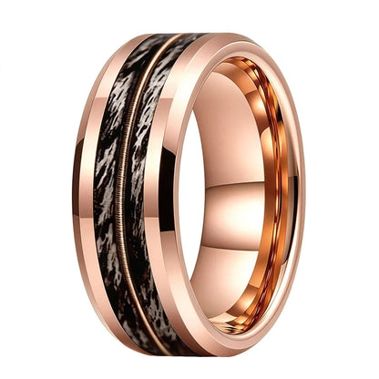 Tungsten Ring With Gray Oak Wood and Guitar String Inlay