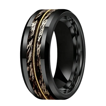 Tungsten Ring With Gray Oak Wood and Guitar String Inlay