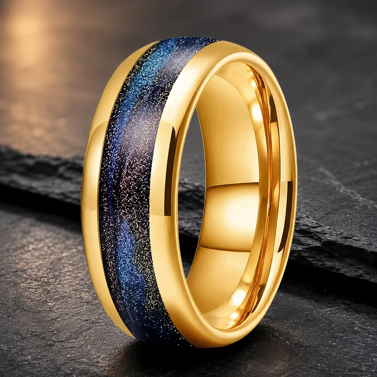 Tungsten Ring with Black Purple and Blue Flow Sand Inlay