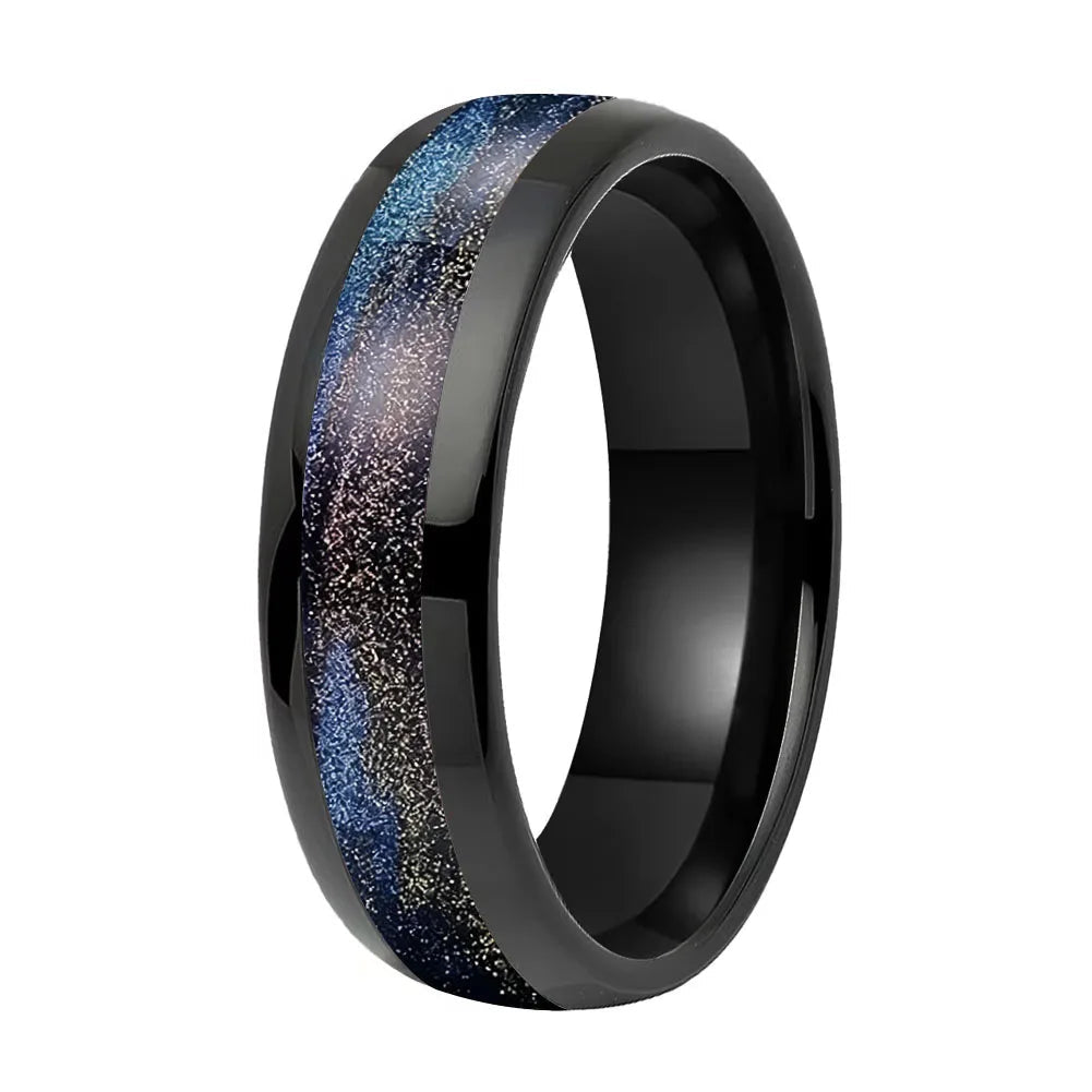 Tungsten Ring with Black Purple and Blue Flow Sand Inlay