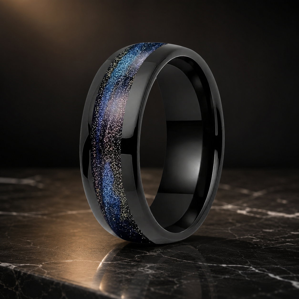 Tungsten Ring with Black Purple and Blue Flow Sand Inlay