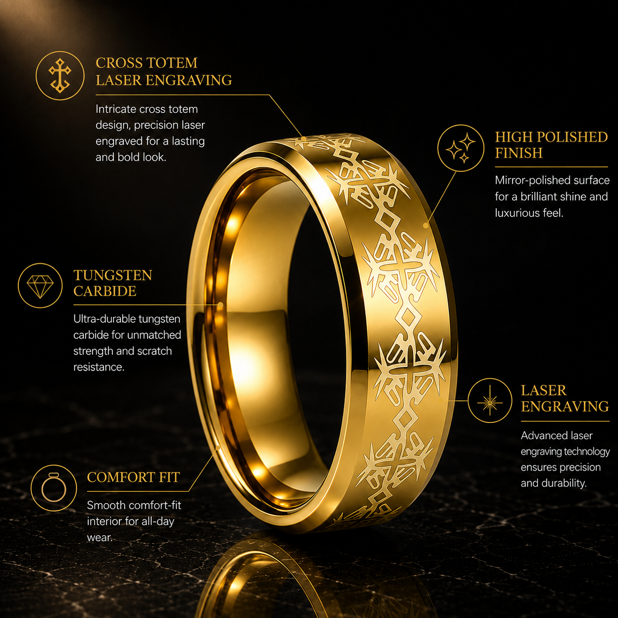 Tungsten Ring with Cross Totem Laser Engraving